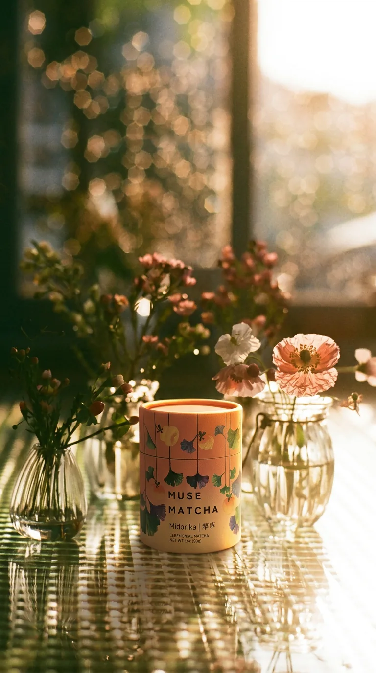 Tin on a sunlit table with flowers